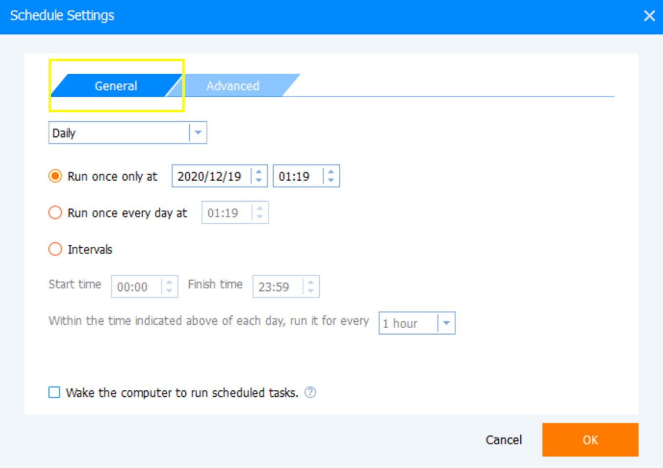 Check Schedule Settings 'General'